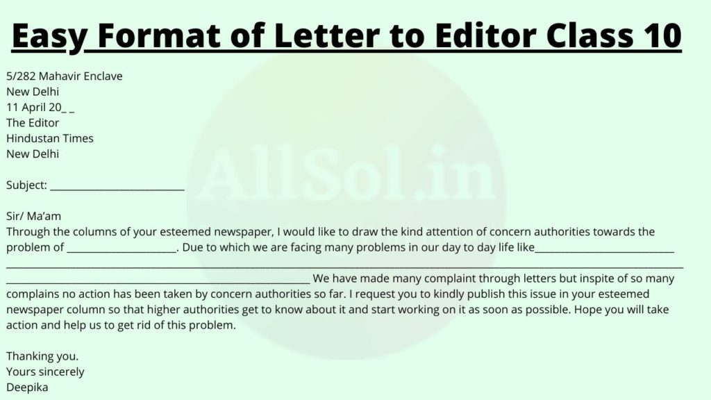 Easy Format of Letter to Editor Class 10